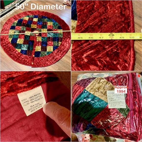 SOLD Vintage Crushed Velvet Patchwork Quilted Christmas Tree Skirt Jewel-tones - Picture 2 of 3